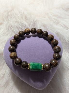 Authentic Agarwood Bead Bracelet with Green Jade Accent